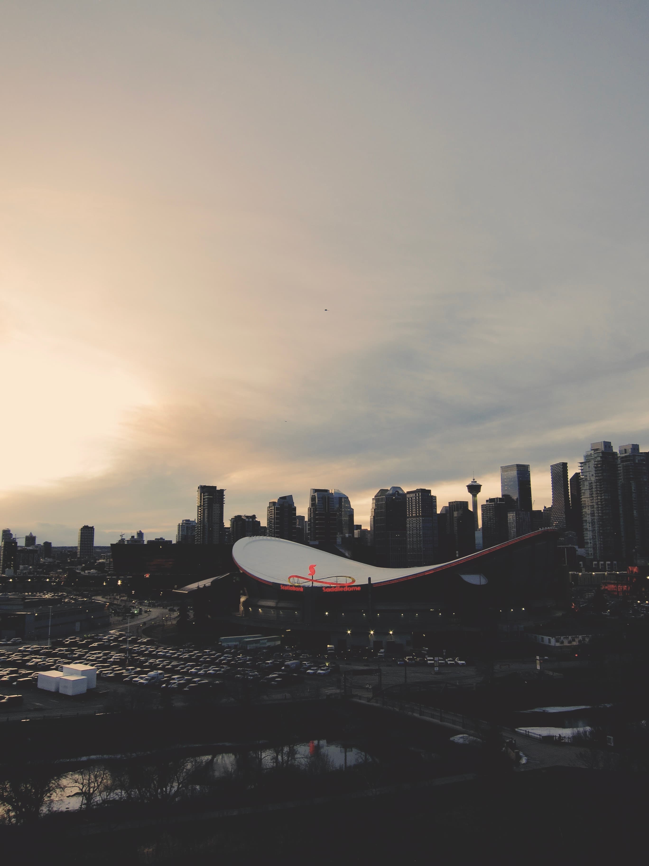The Calgary skyline at dusk with the Saddledome in the foreground.